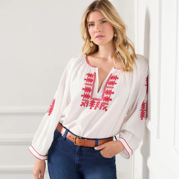 Karen Kane
Plus Size Split Round Neck Embroidered Cotton Blouson Sleeve - Picture 1 of 7